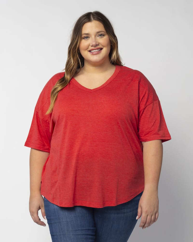 Front of a model wearing a size 3X V-Happy Jersey in Red by chicka-d. | dia_product_style_image_id:289552